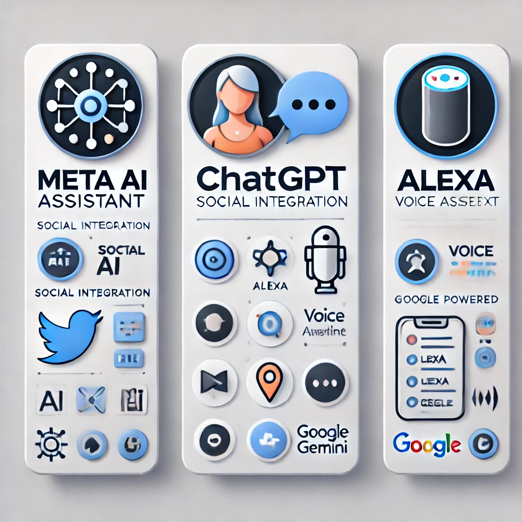 Gráfico comparativo entre Meta AI, ChatGPT, Alexa y Google Gemini destacando sus diferencias clave