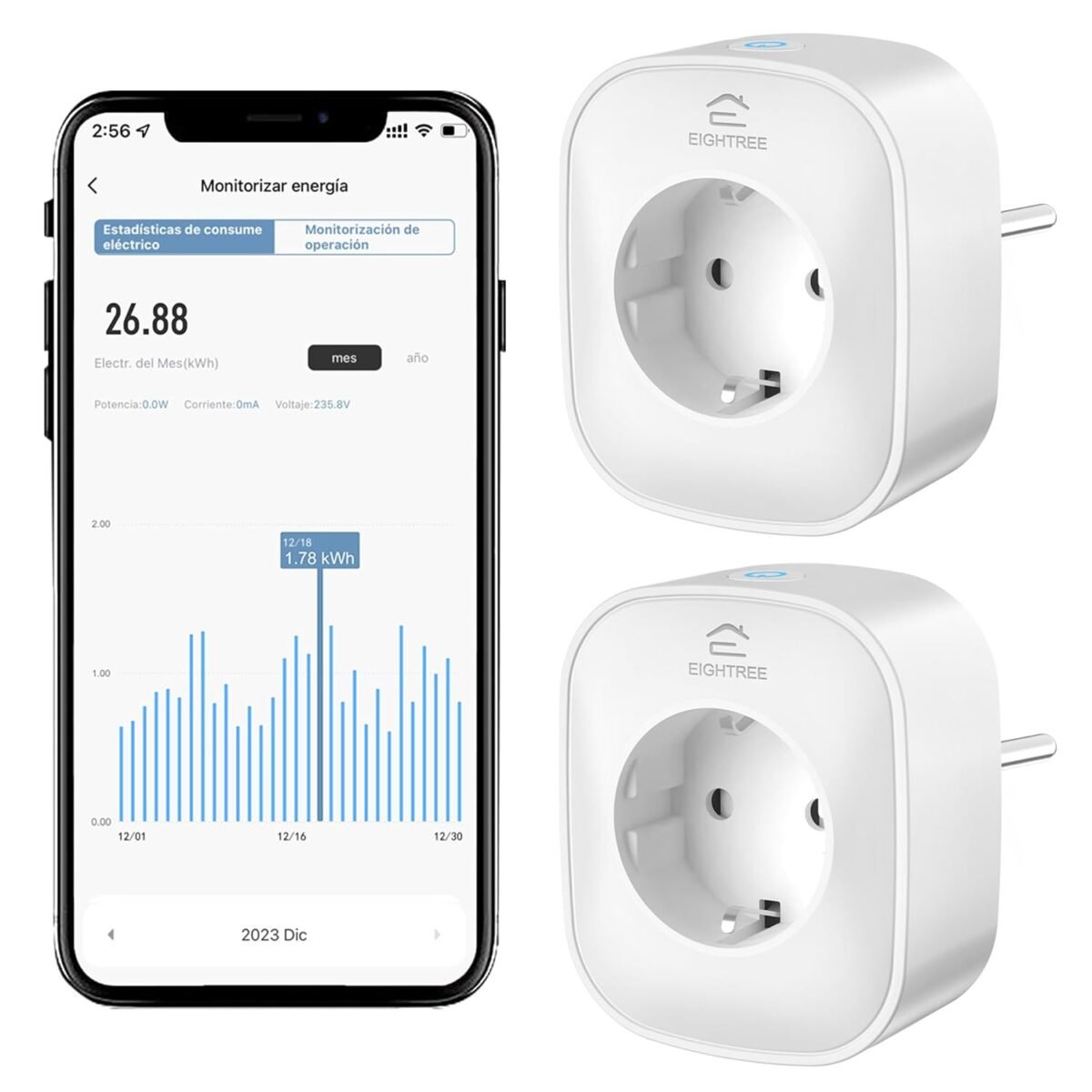 Enchufe inteligente WiFi conectado a app móvil, ideal para automatizar dispositivos en casa. 