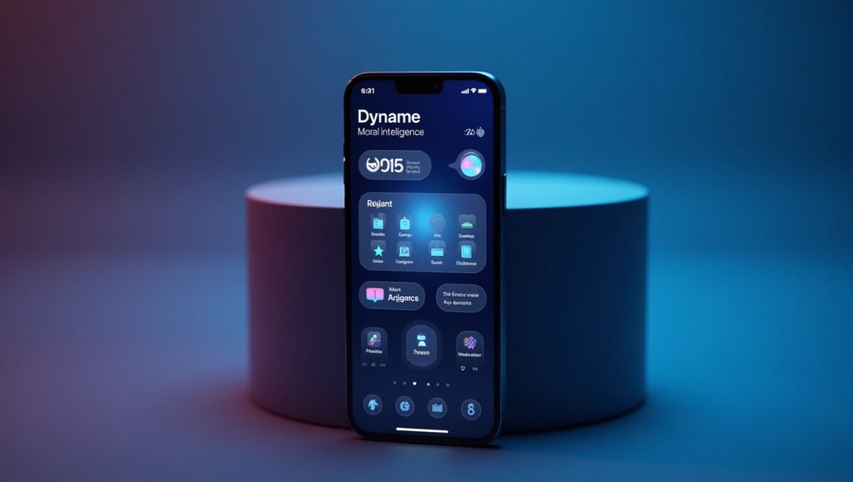 Pantalla de inicio de iOS 19 en un iPhone con nuevo diseño, aplicaciones y widgets sobre fondo azul degradado.