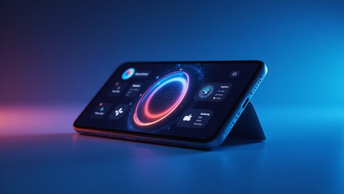 iPhone con iOS 19 apoyado en modo horizontal, mostrando widgets dinámicos y gráficos futuristas sobre fondo azul.