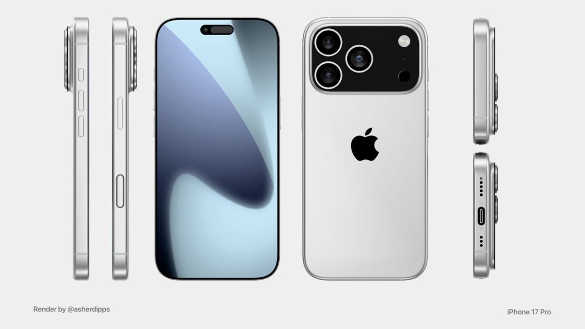 Render del iPhone 17 Pro con vista frontal, trasera y lateral, mostrando el nuevo diseño de cámara horizontal y cuerpo de aluminio