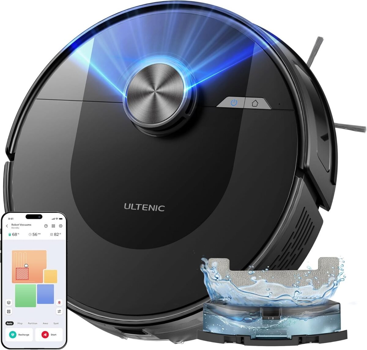 Robot aspirador inteligente recorriendo el suelo de un salón moderno.