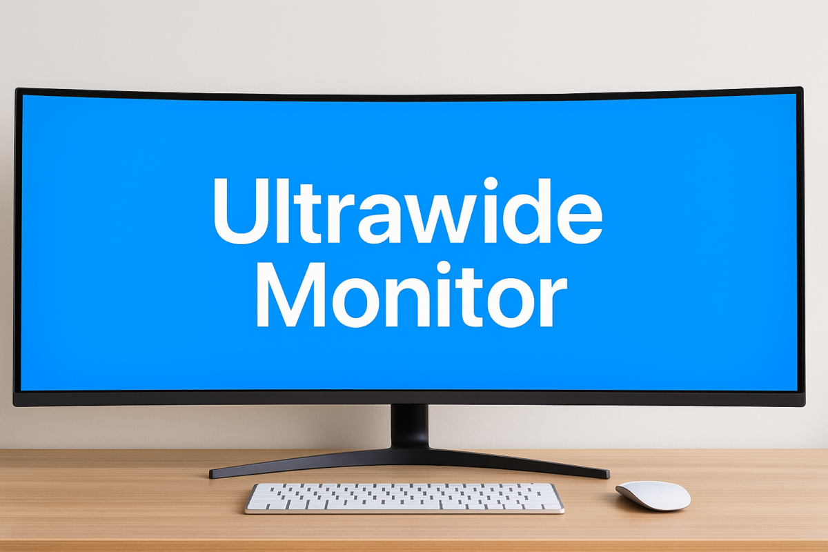Monitor ultrawide sobre escritorio de madera con teclado y ratón, ideal para integrar con ecosistema Apple