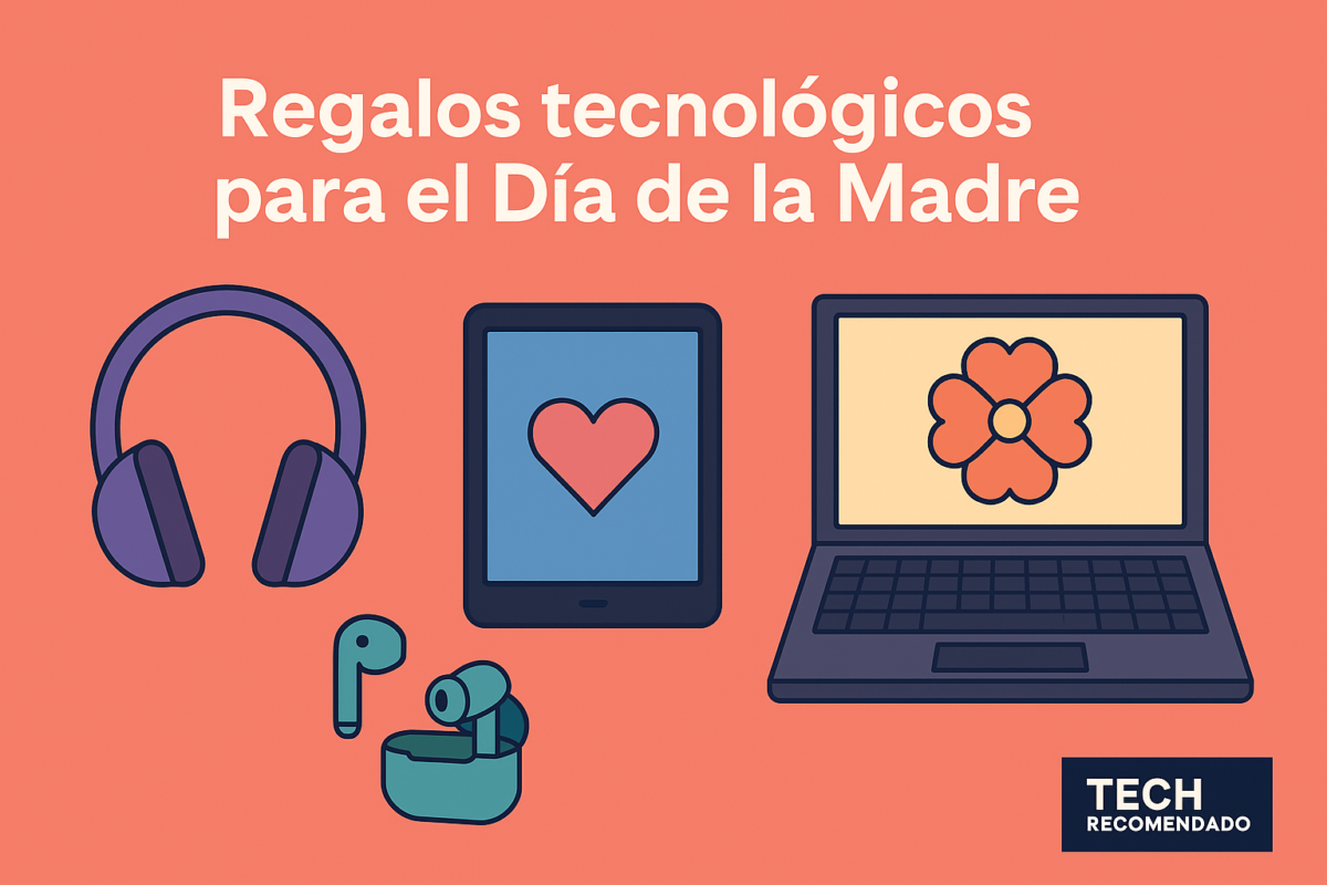 Ilustración plana de TechRecomendado con ideas de regalos tecnológicos para el Día de la Madre 2025, incluyendo gadgets de bienestar y lectura