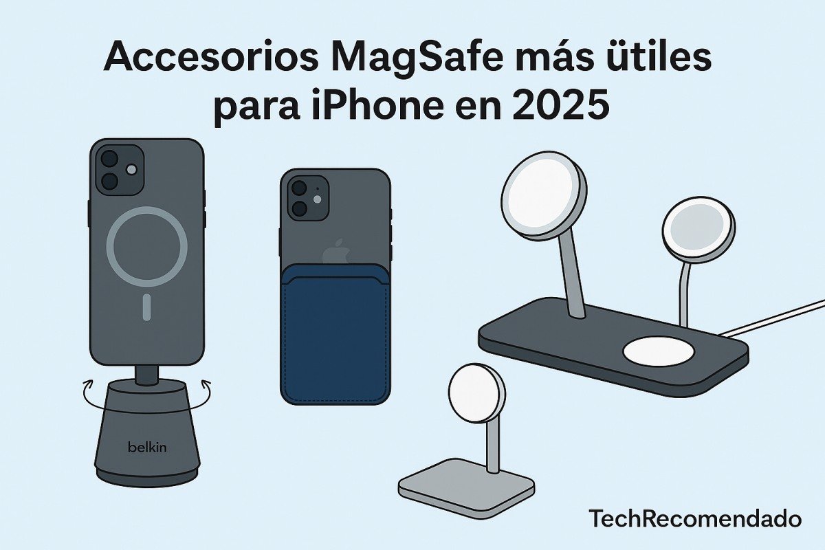 Ilustración plana que muestra a varios usuarios usando accesorios MagSafe con sus iPhones: cargadores, soportes, carteras y empuñaduras en contextos reales 