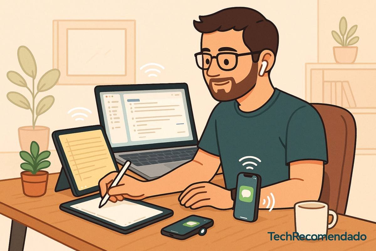 Hombre usando varios dispositivos Apple sincronizados: MacBook, iPad, iPhone y Apple Watch en un entorno de trabajo
