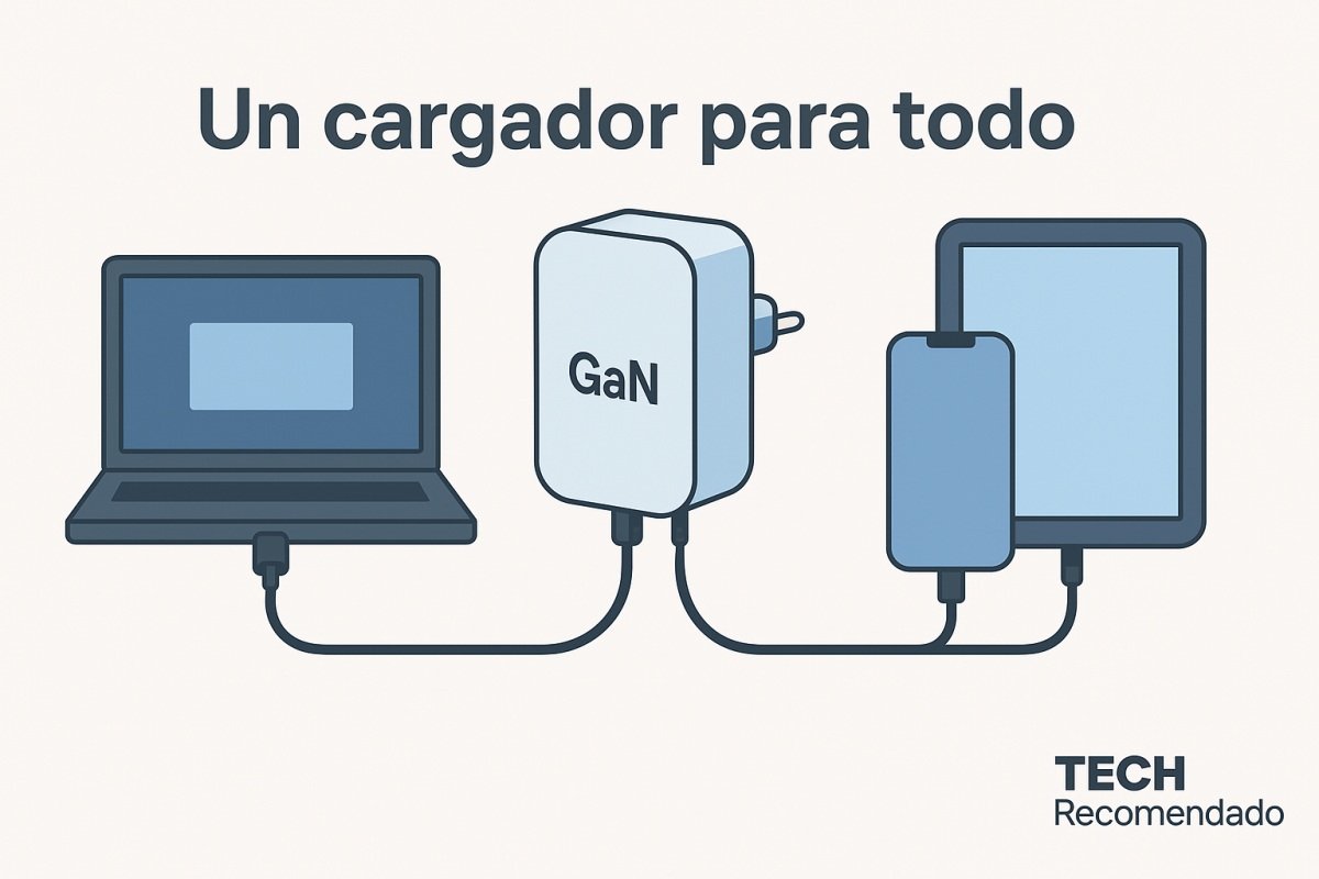 Ilustración horizontal de un cargador GaN compacto conectado a portátil, móvil y tablet, con texto “Un cargador para todo” y logo TechRecomendado 