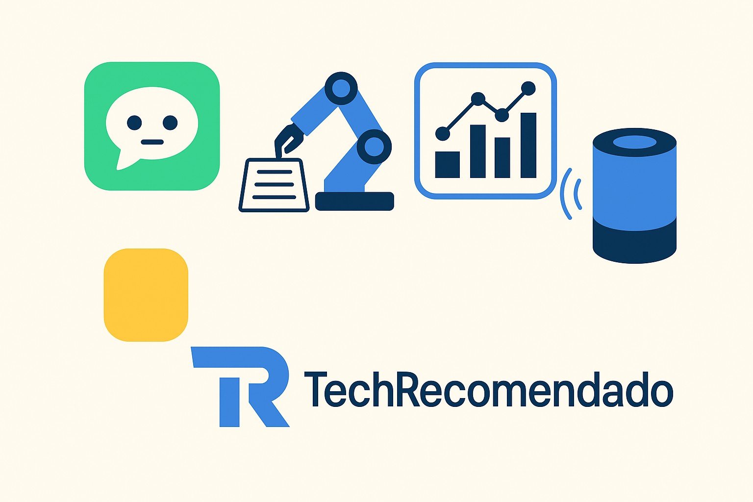 Ilustración plana con iconos de diferentes categorías de inteligencia artificial: asistente de voz, robot generador de texto, analítica predictiva y generador visual, con el branding de TechRecomendado 