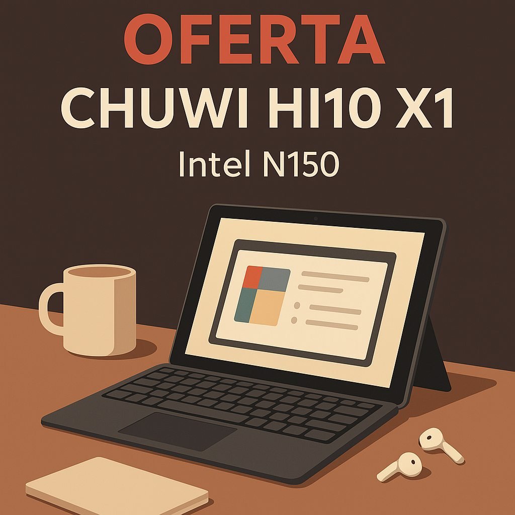 Ilustración plana promocional de la tablet Chuwi Hi10 X1 con Windows 11, teclado magnético y diseño 2 en 1 sobre fondo claro 
