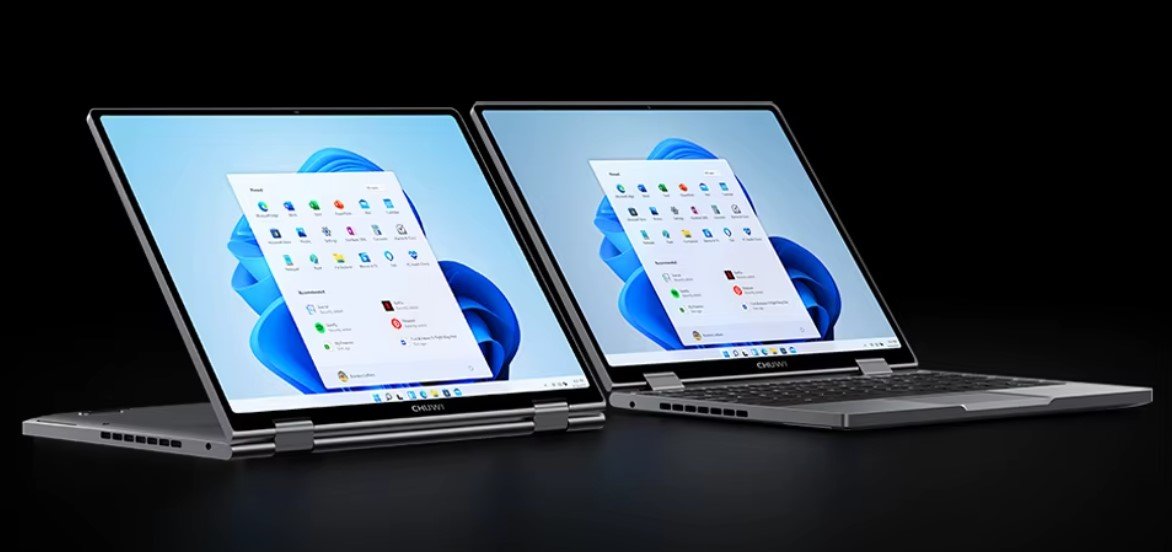 Vista lateral del Chuwi MiniBook X mostrando su diseño convertible en modo tablet y portátil 