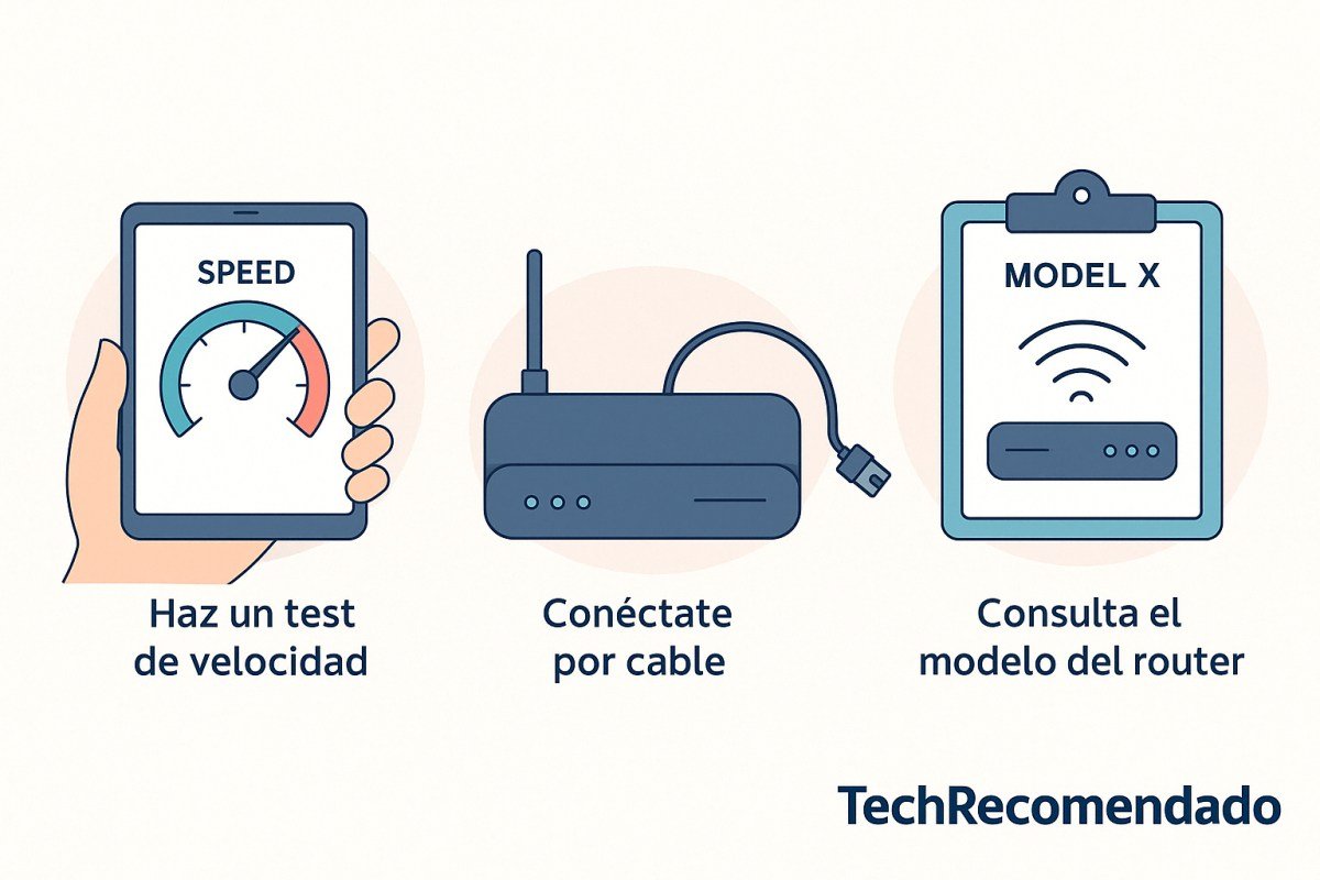Ilustración plana que muestra tres pasos clave para detectar si el router limita la conexión WiFi: test de velocidad, conexión por cable y consulta del modelo, con branding TechRecomendado 