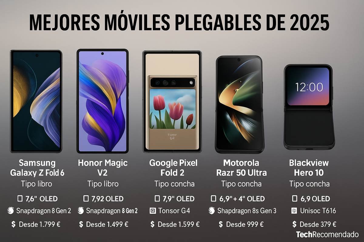 Comparativa ilustrada de cinco móviles plegables 2025 con nombres, tipo de plegado y datos clave como tamaño de pantalla, procesador y precio