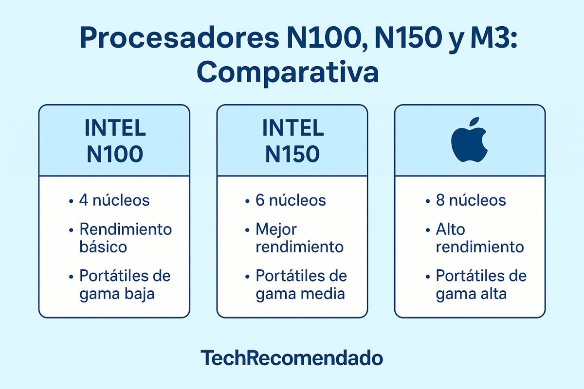 Gráfico con la comparación entre procesadores N100, N150 y M3 según núcleos y nivel de rendimiento 