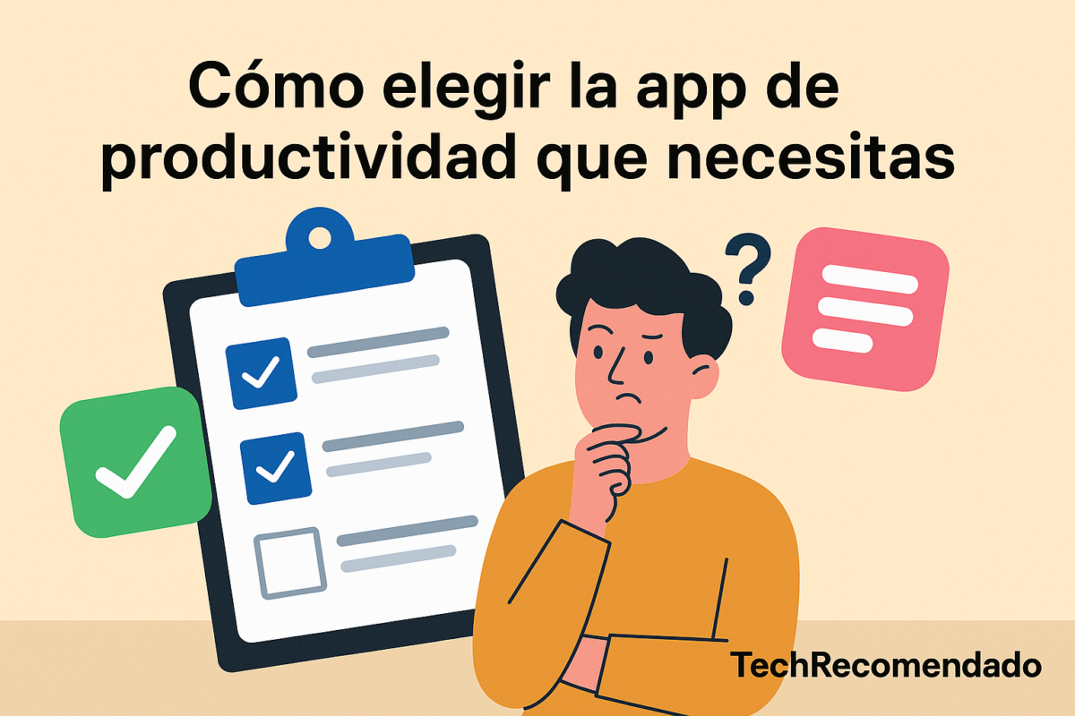 Ilustración de usuario eligiendo una app de productividad entre distintas opciones, con enfoque en la toma de decisiones