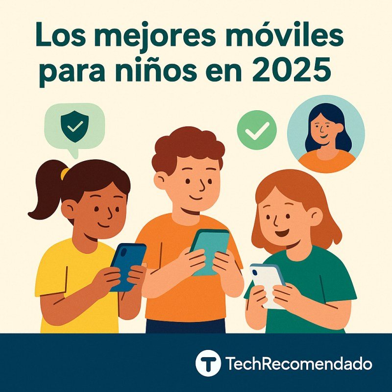 Ilustración plana con una guía visual de opciones de móviles para niños, incluyendo modelos económicos y consejos de control parental, con branding TechRecomendado 