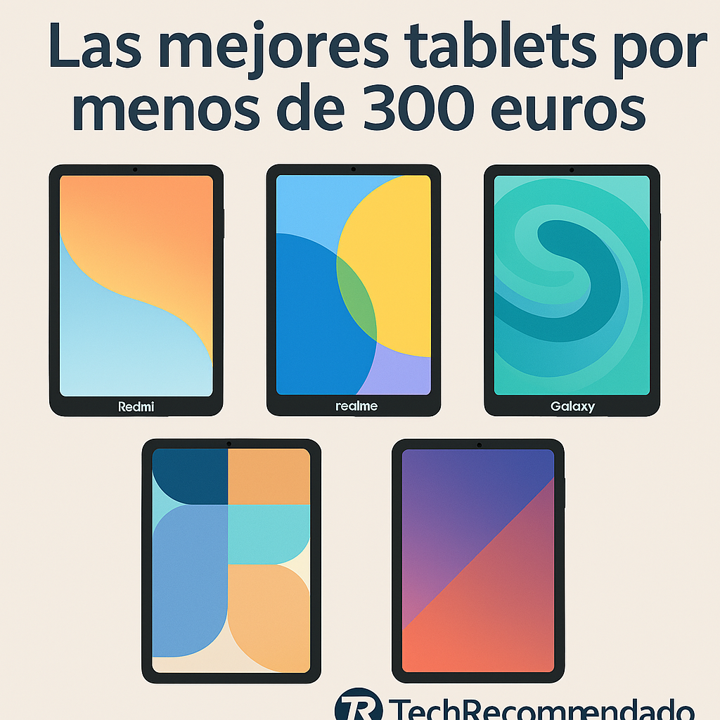 Ilustración digital de cinco tablets económicas recomendadas en 2025 con Android, ideal para estudiantes y usuarios generales. Tablets por menos de 300 euros