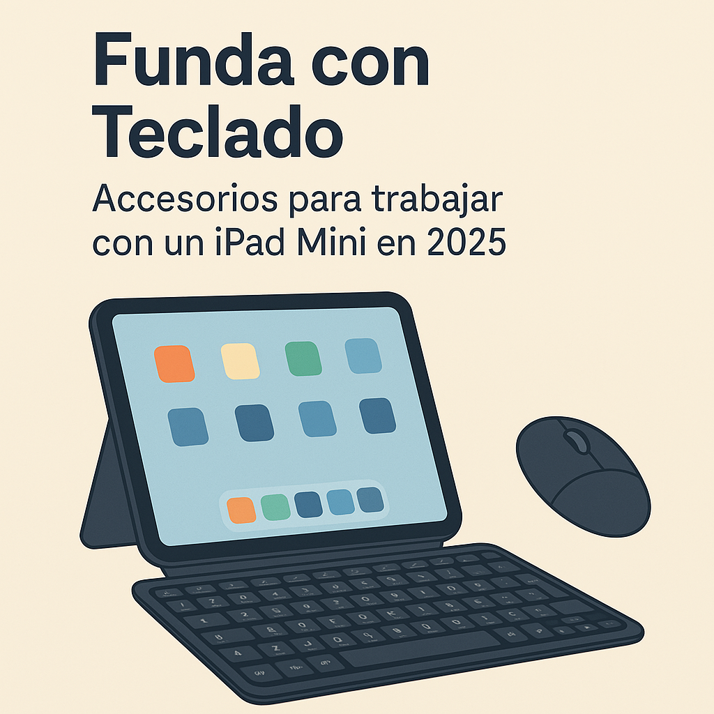 iPad mini con teclado externo, ratón y apps abiertas en escritorio moderno, ilustración estilo plano con branding TechRecomendado 