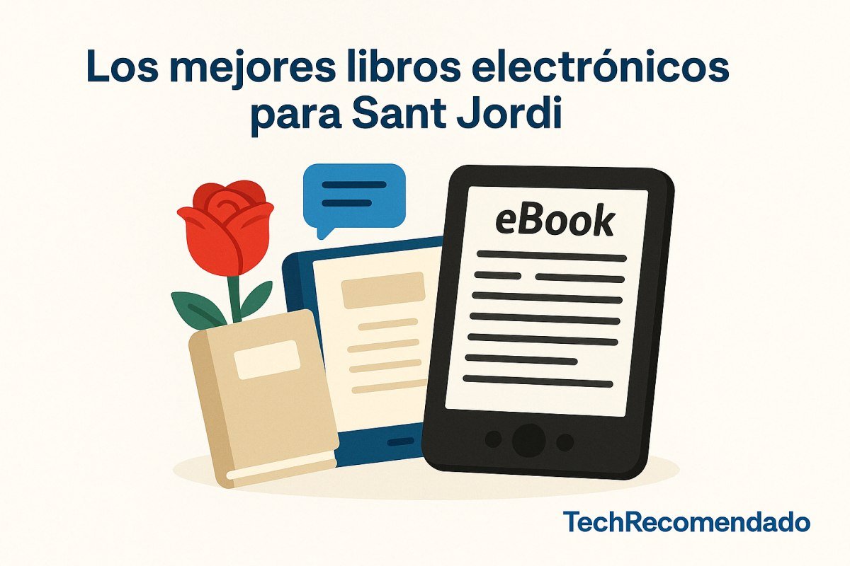 Ilustración plana con un lector digital mostrando libros electrónicos, rodeado de flores y elementos decorativos típicos de Sant Jordi, con branding TechRecomendado 