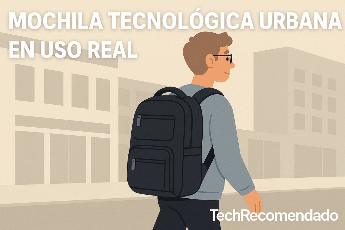 Ilustración plana de un hombre con mochila tecnológica negra caminando por un entorno urbano 