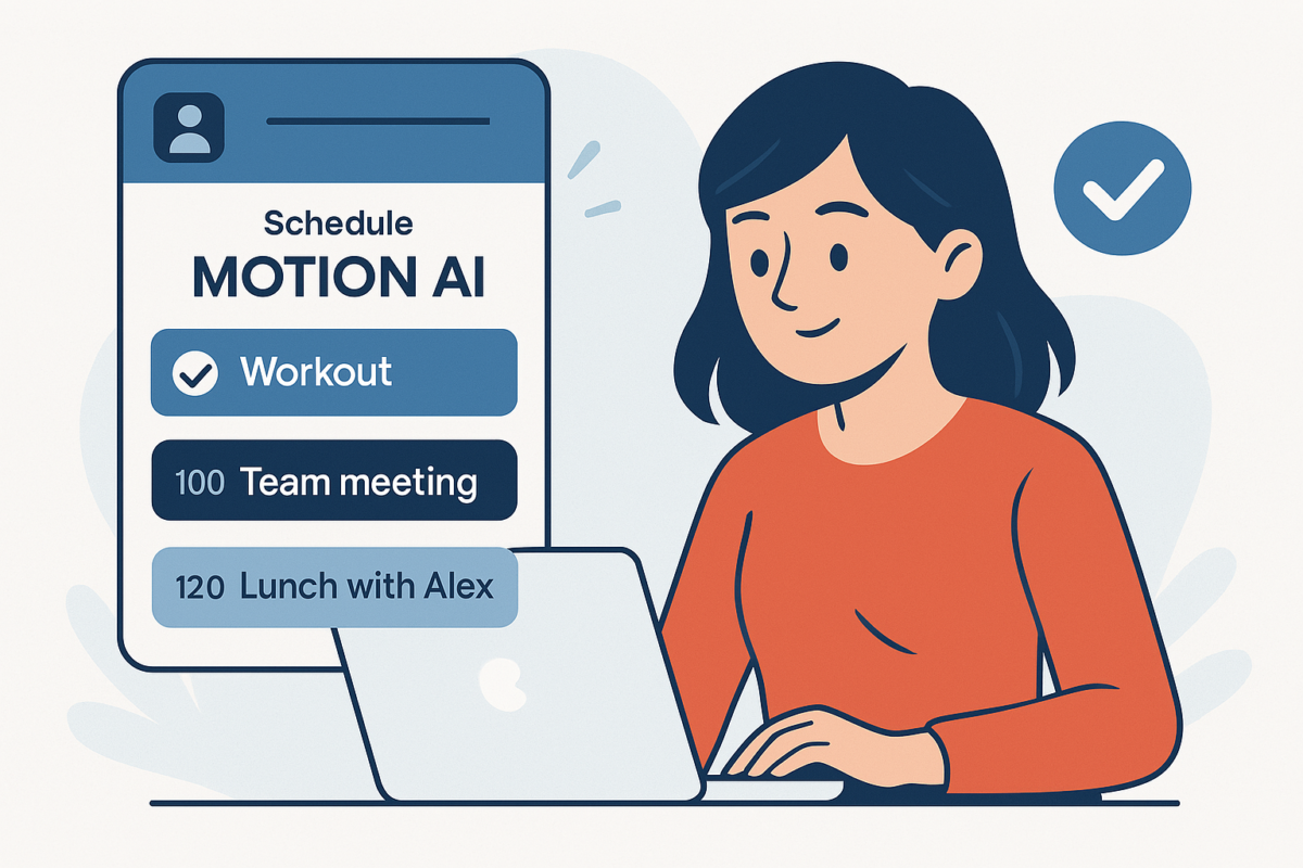 Mujer usando Motion AI en su portátil para organizar su día con inteligencia artificial