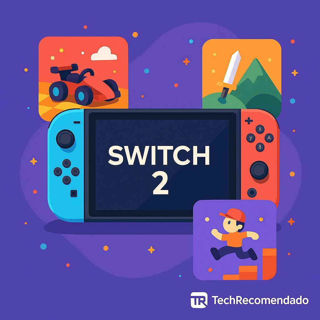 Ilustración plana de la consola Nintendo Switch 2 con cartuchos flotando y el texto “Juegos disponibles 2025” 
