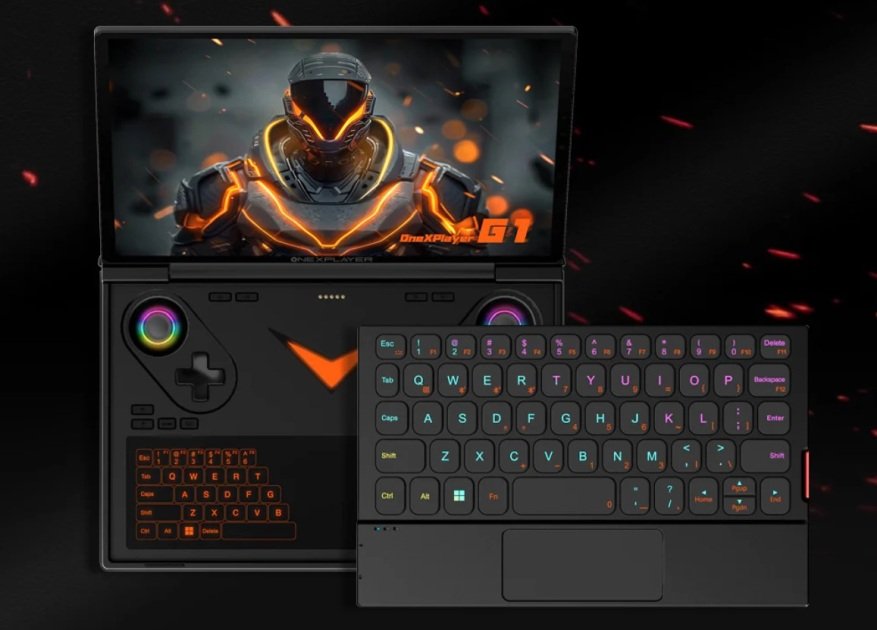 Miniportátil OneXPlayer G1 con pantalla encendida y teclado RGB desmontable