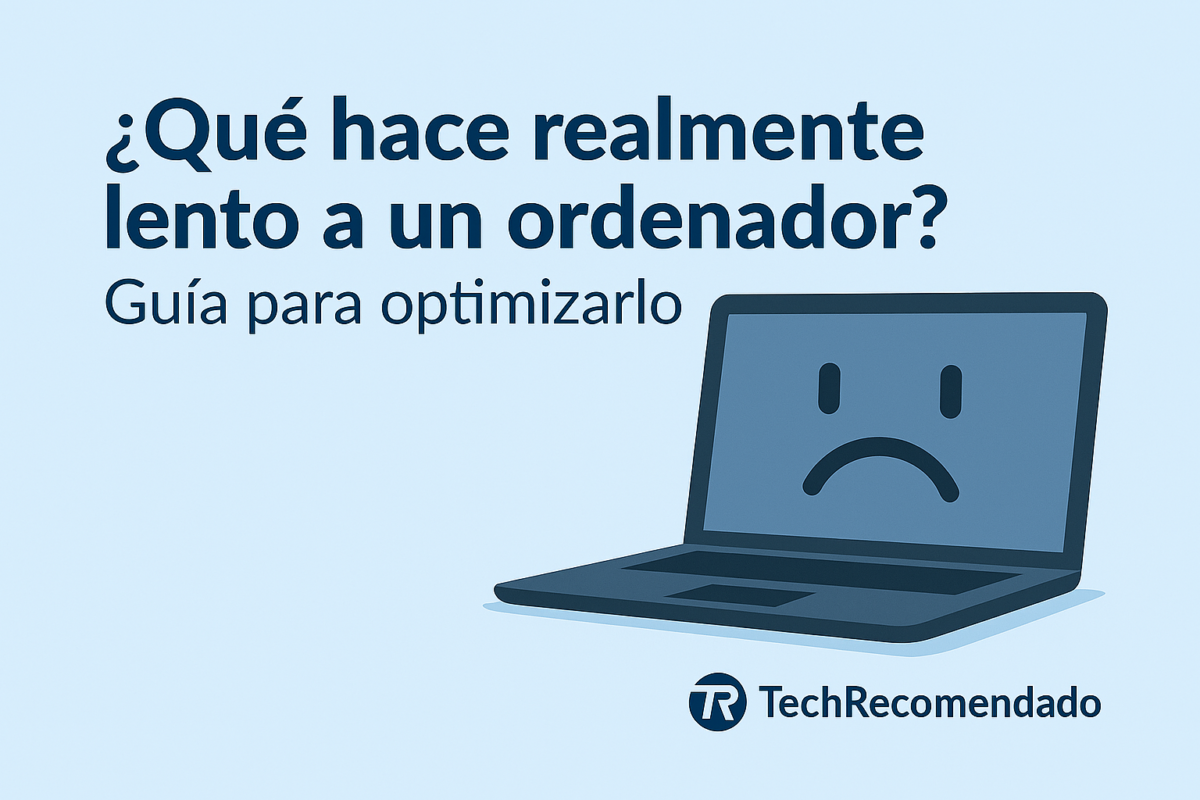 Ilustración de un portátil con herramientas y engranajes representando una guía para solucionar ordenadores lentos