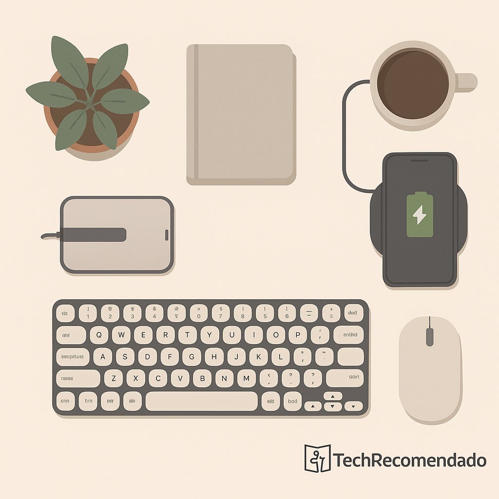 Ilustración de un escritorio moderno con accesorios organizados y tecnología funcional 
