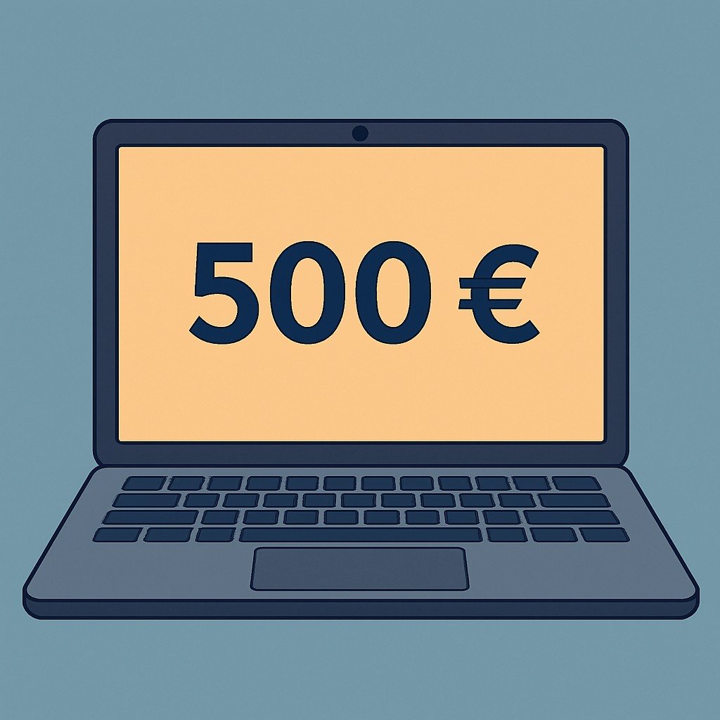 Ilustración plana de un portátil con el precio 500 € sobreimpreso en pantalla, estilo minimalista y diseño promocional 