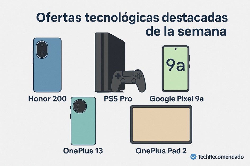 Ilustración plana de TechRecomendado con gadgets electrónicos como consola, tablet, móvil y auriculares, destacados como productos en oferta en abril de 2025