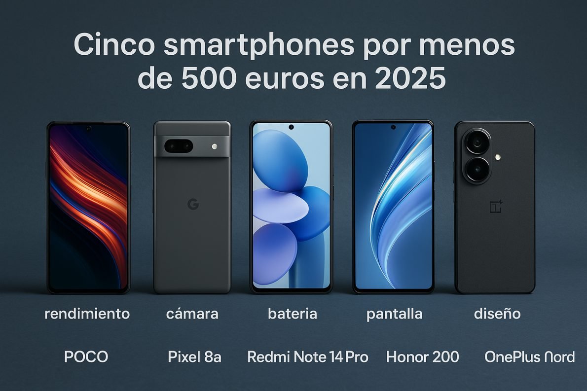 Imagen realista de cinco móviles recomendados por menos de 500 euros en 2025 sobre fondo azul oscuro 