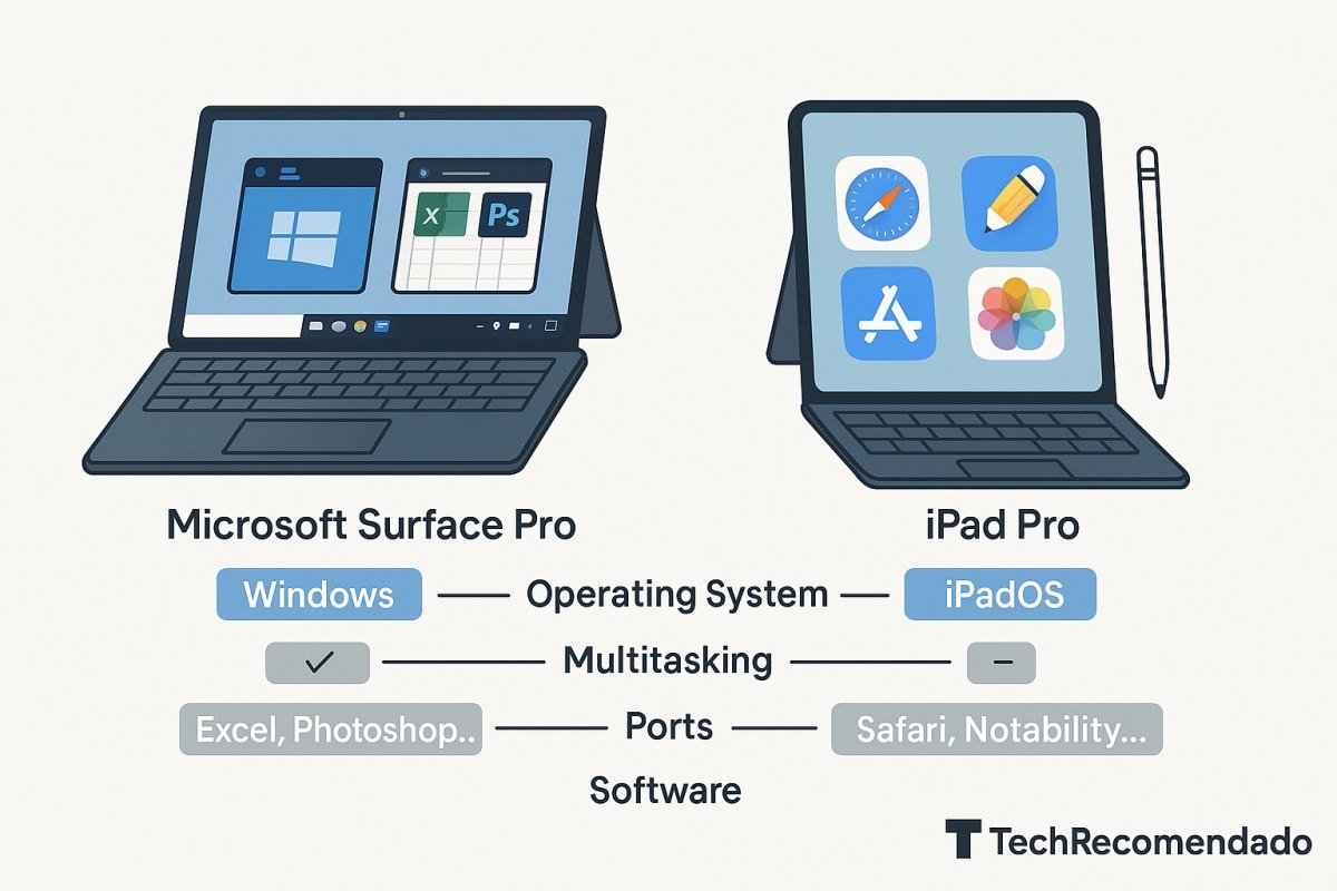 Comparativa visual entre Microsoft Surface y iPad Pro mostrando diferencias clave: sistema operativo, puertos, multitarea y compatibilidad 