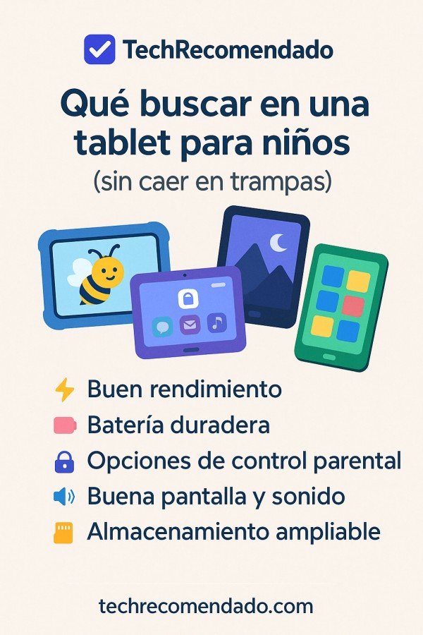 Ilustración plana que muestra a un niño usando una tablet en un entorno familiar con control parental activo, imagen con branding TechRecomendado 
