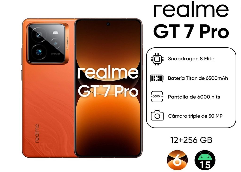 Imagen promocional del Realme GT 7 Pro con diseño en color naranja y especificaciones como Snapdragon 8, batería de 6500 mAh y pantalla de 6000 nits