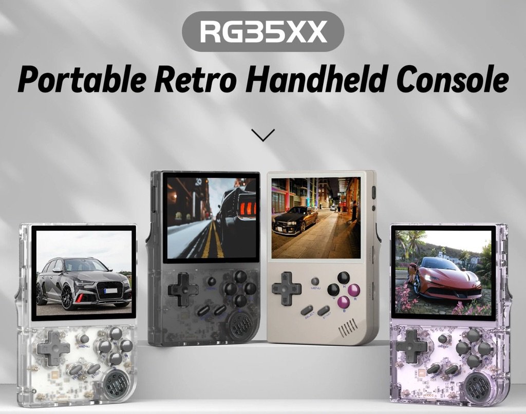 Consolas Anbernic RG35XX Plus en varios colores mostrando videojuegos en pantalla