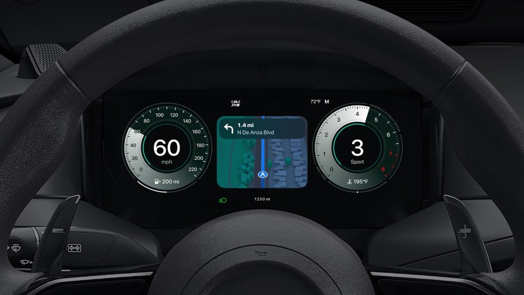 Pantalla del tablero digital con Apple CarPlay Ultra mostrando navegación GPS, velocidad y modo de conducción 