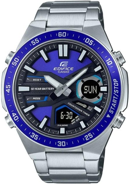 Reloj Casio Edifice con esfera azul y funciones digitales y analógicas sobre correa de acero inoxidable. 