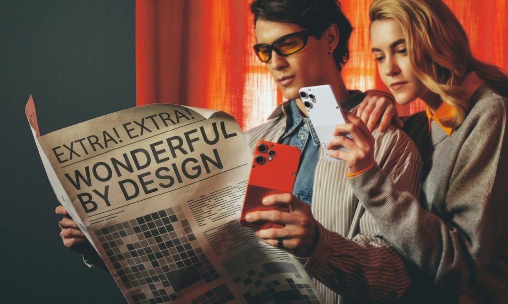 Personas usando el CMF Phone 2 Pro en colores blanco y naranja, leyendo un periódico con el titular “Wonderful by Design”. 