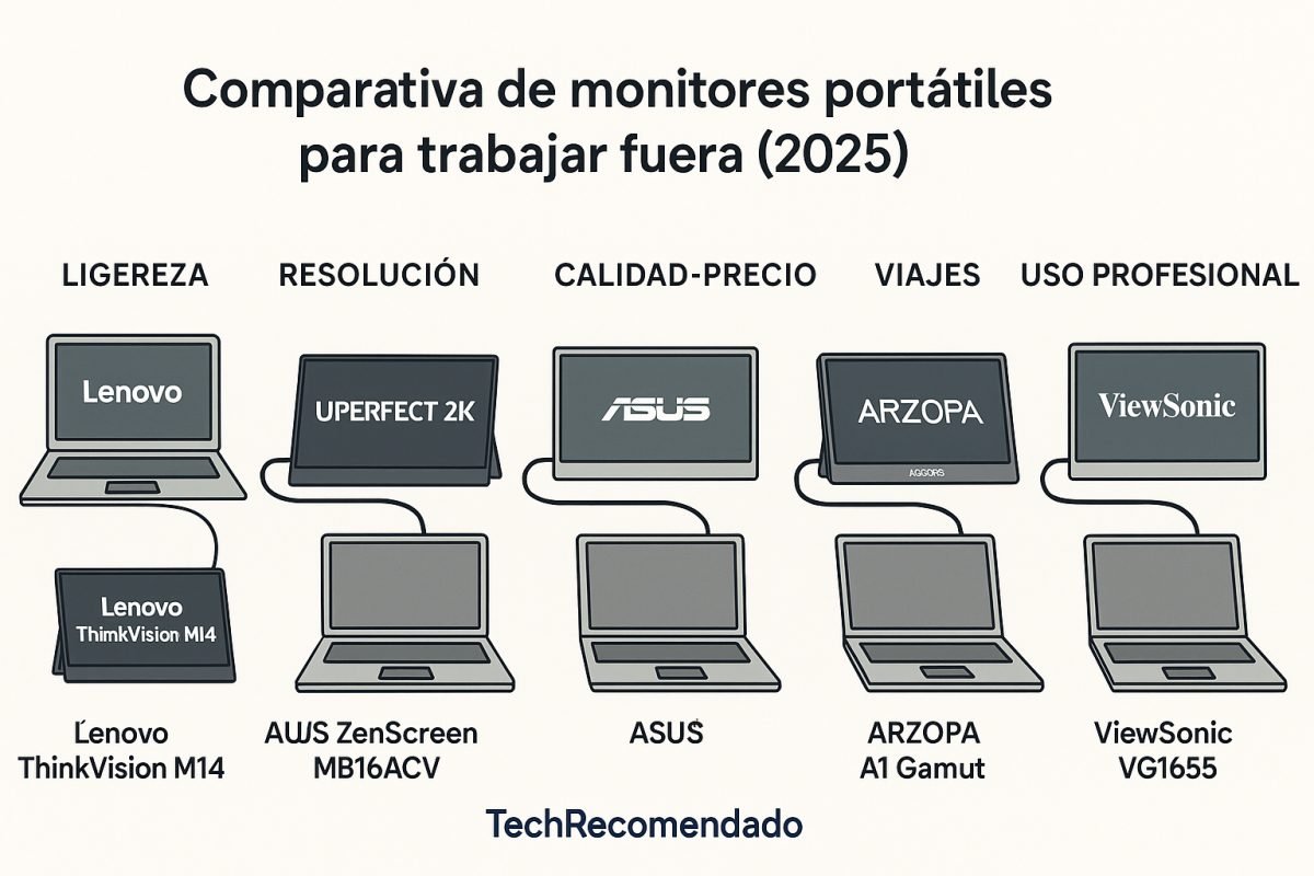 Comparación de monitores portátiles según su mejor uso: ligereza, viajes, resolución, calidad-precio y uso profesional en 2025