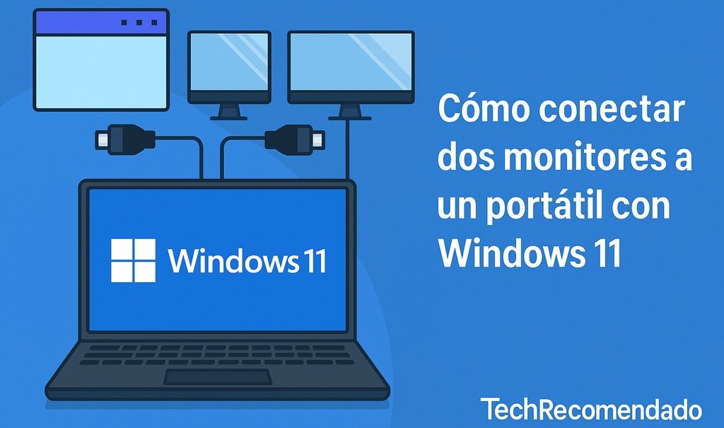 Ilustración digital mostrando cómo conectar y configurar dos monitores en un portátil con Windows 11
