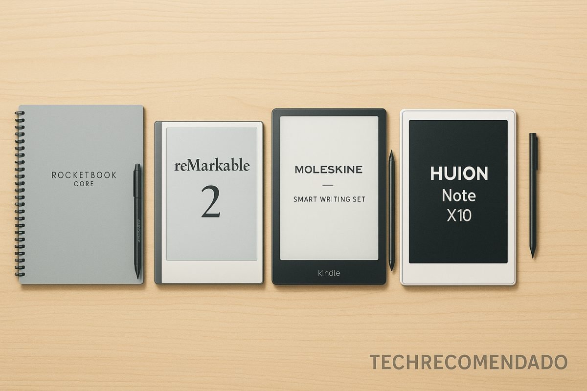 Vista cenital de cinco cuadernos digitales sobre escritorio con bolígrafos y elementos tech. 