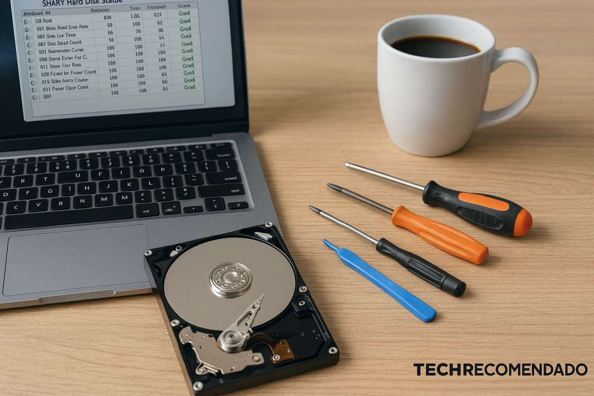 Diagnóstico de disco duro sobre escritorio con herramientas y portátil.