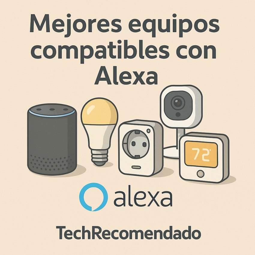 Ilustración de dispositivos inteligentes compatibles con Alexa en un hogar moderno 
