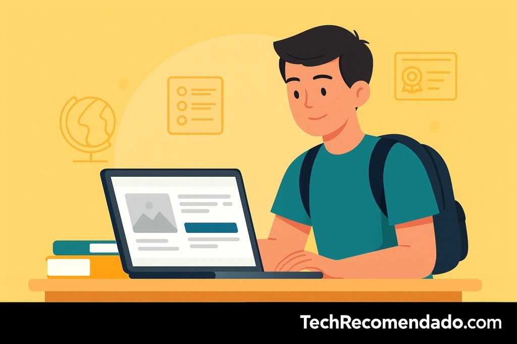 Ilustración de un estudiante con mochila usando un portátil en un escritorio escolar 