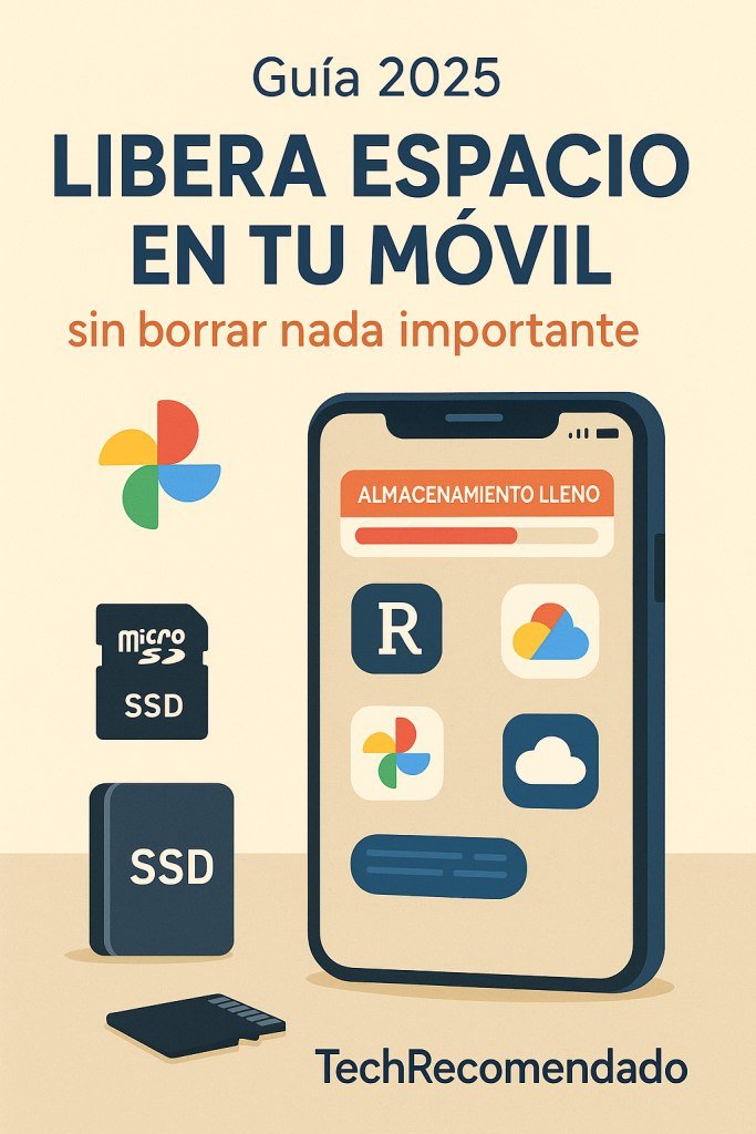 Ilustración guía 2025 para liberar espacio en el móvil sin perder archivos, con branding de TechRecomendado. 