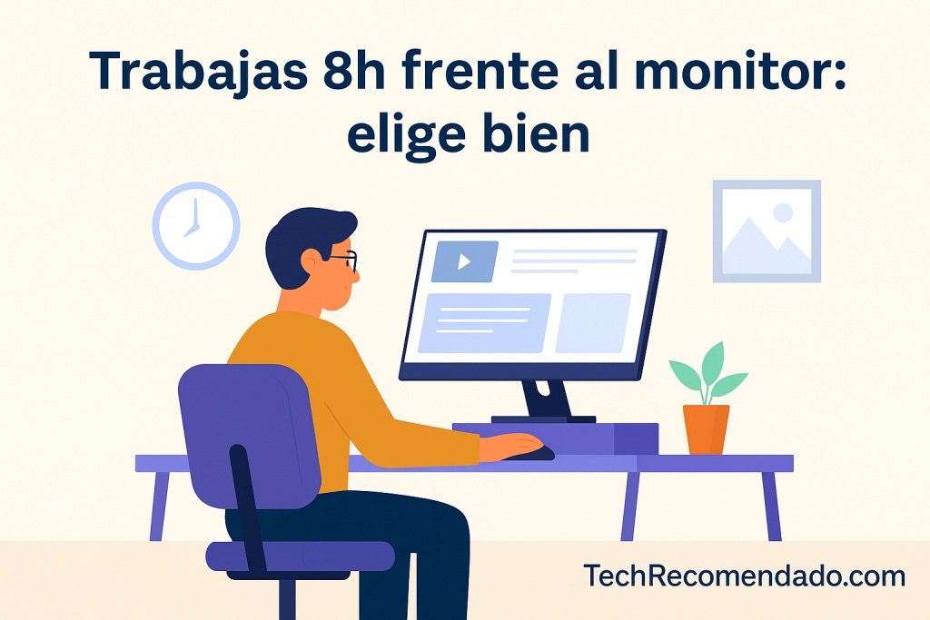 Ilustración de un trabajador con buena postura usando un monitor ajustable y ergonómico 