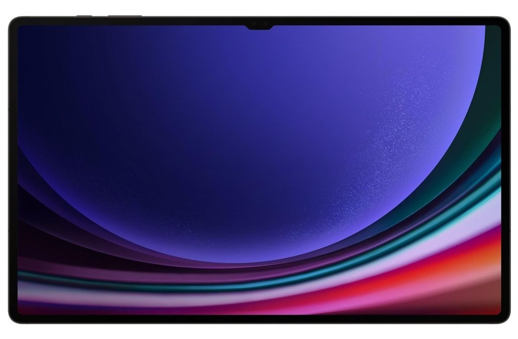 Pantalla frontal de la tablet Samsung Galaxy Tab S9 Ultra con fondo azul púrpura