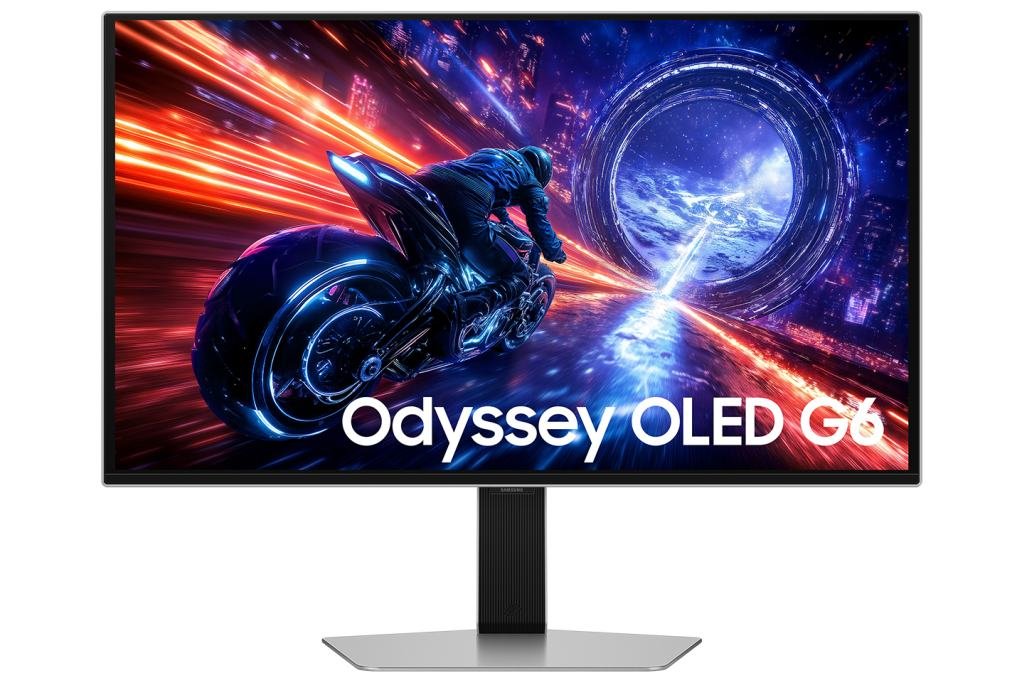 Monitor Samsung Odyssey OLED G6 con pantalla encendida mostrando una moto futurista y efectos de velocidad