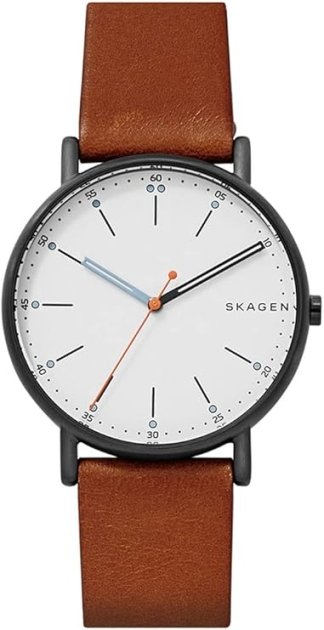 Reloj Skagen Signature con esfera blanca y correa de piel marrón. 