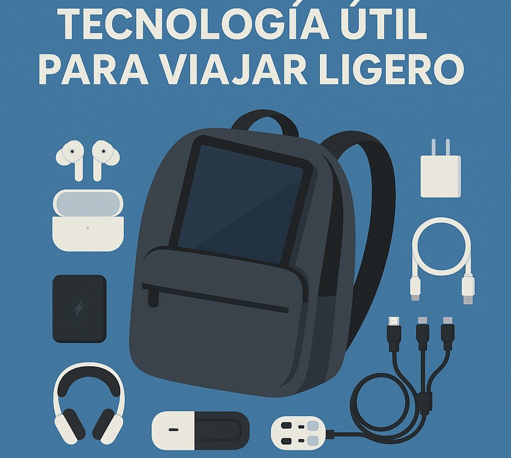 Ilustración plana con mochila, tablet y gadgets tecnológicos esenciales para viajar ligero